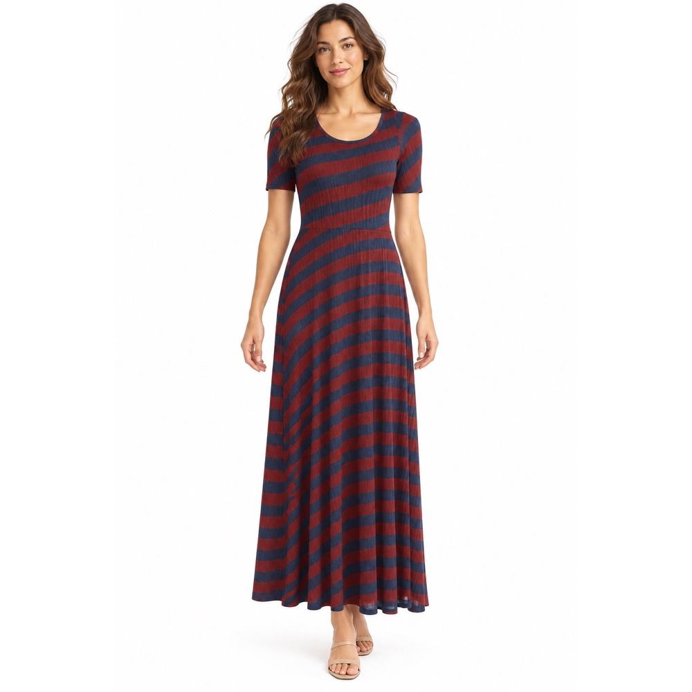 LuLaRoe Ana Maxi Dress Small S Red Blue Striped Short Sleeve Scoop Neck NWT